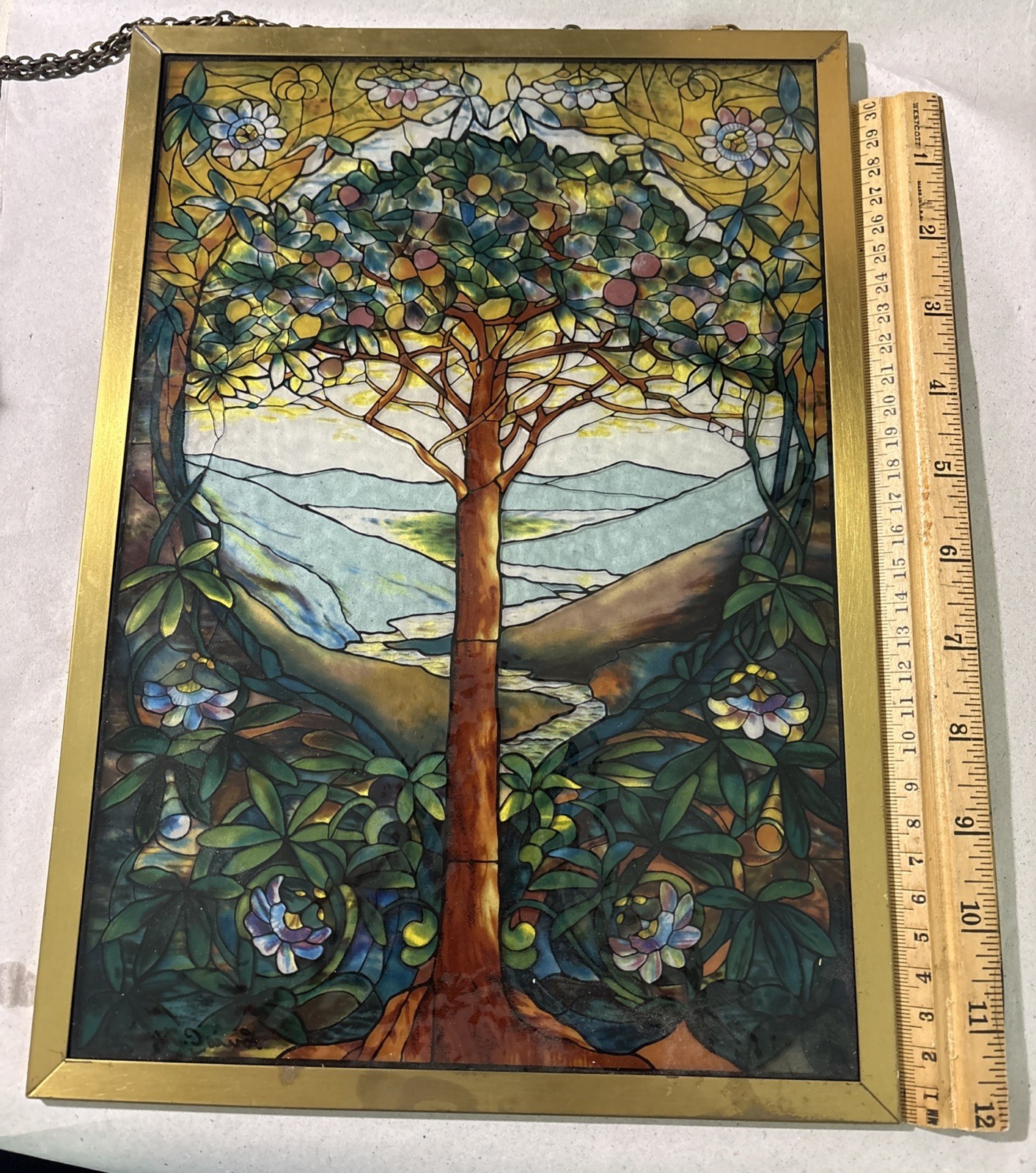 Louis C Tiffany Tree Of Life Framed Glass Hanging Window Panel 9”x 13”