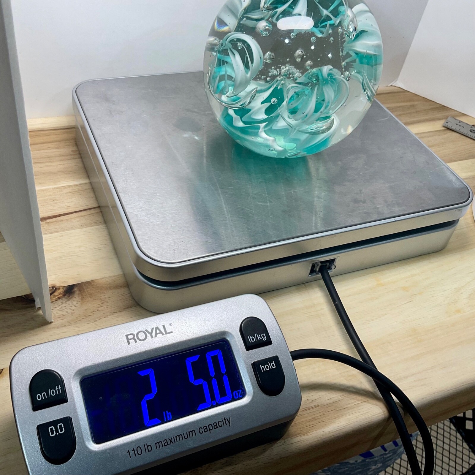 Large Art Glass Paperweight -Aqua/Clear/White 3.5” Heavy Desk Tabletop Decor