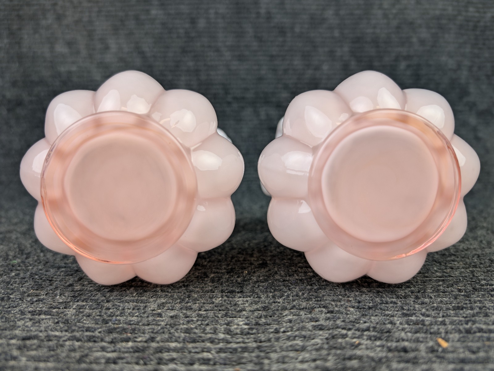 ​2 Vintage Fenton Rosalene Opalescent Pink Melon Vases Crimped Ruffled Rims Pair