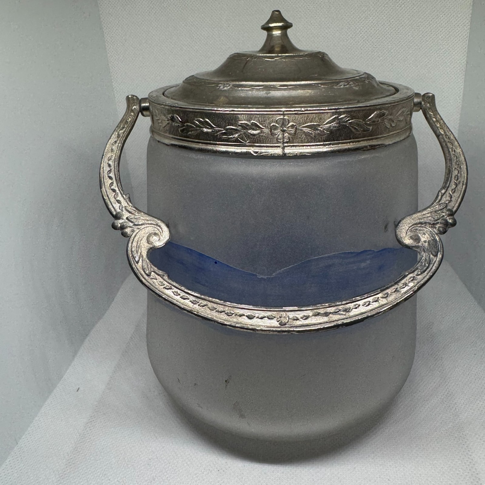 Antique Legras Art Nouveau Biscuit Jar Signed Leg Blue Winter Landscape French