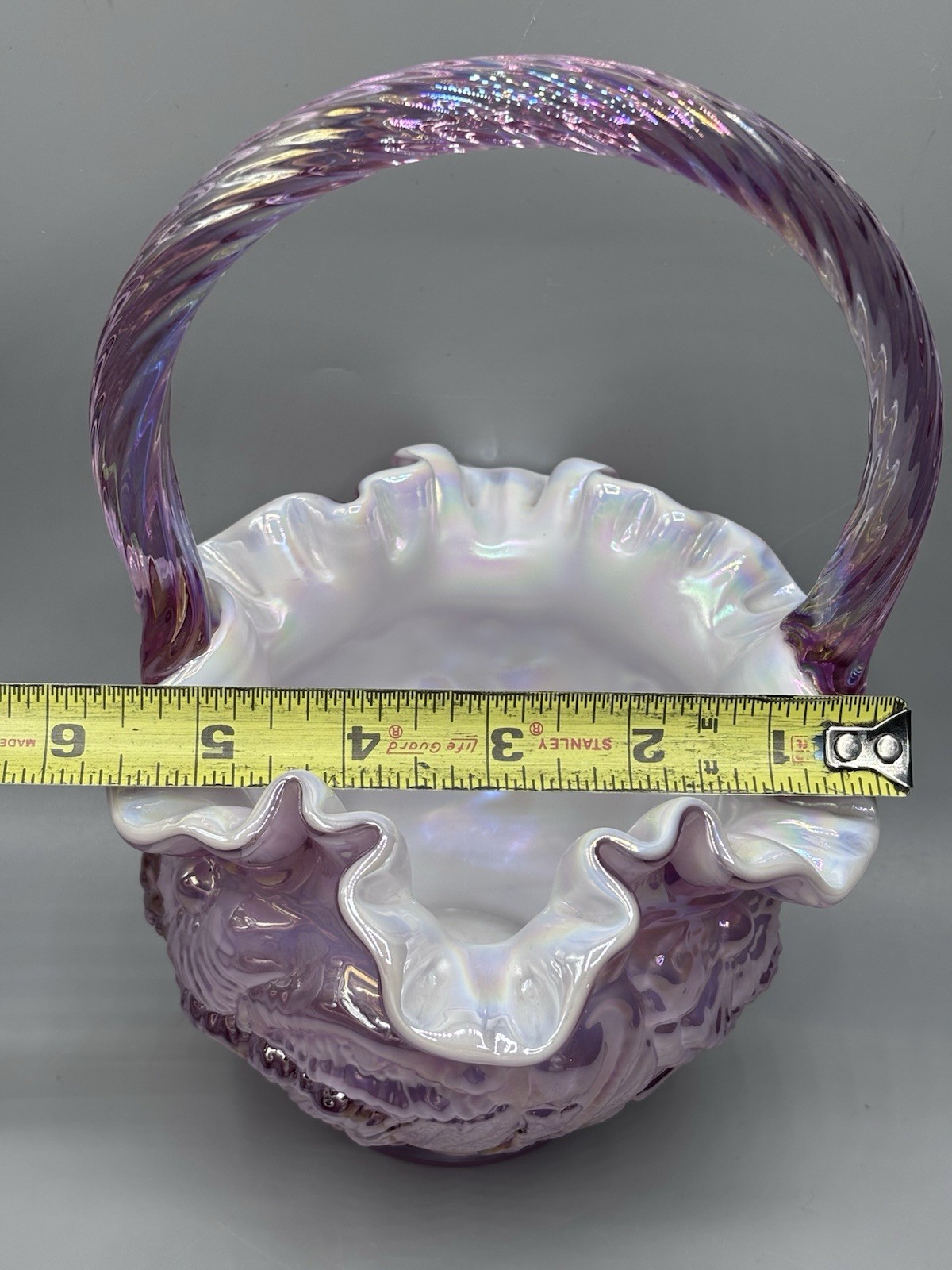 Fenton 1997 Pink Dusty Rose Poppy Overlay Iridescent Glass Basket Excellent Cond