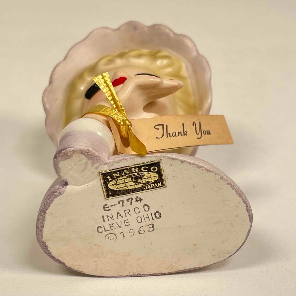 Vintage 1963 E-774 Ceramic Inarco MIJ Lady Head Thank You Vase With Earrings – J