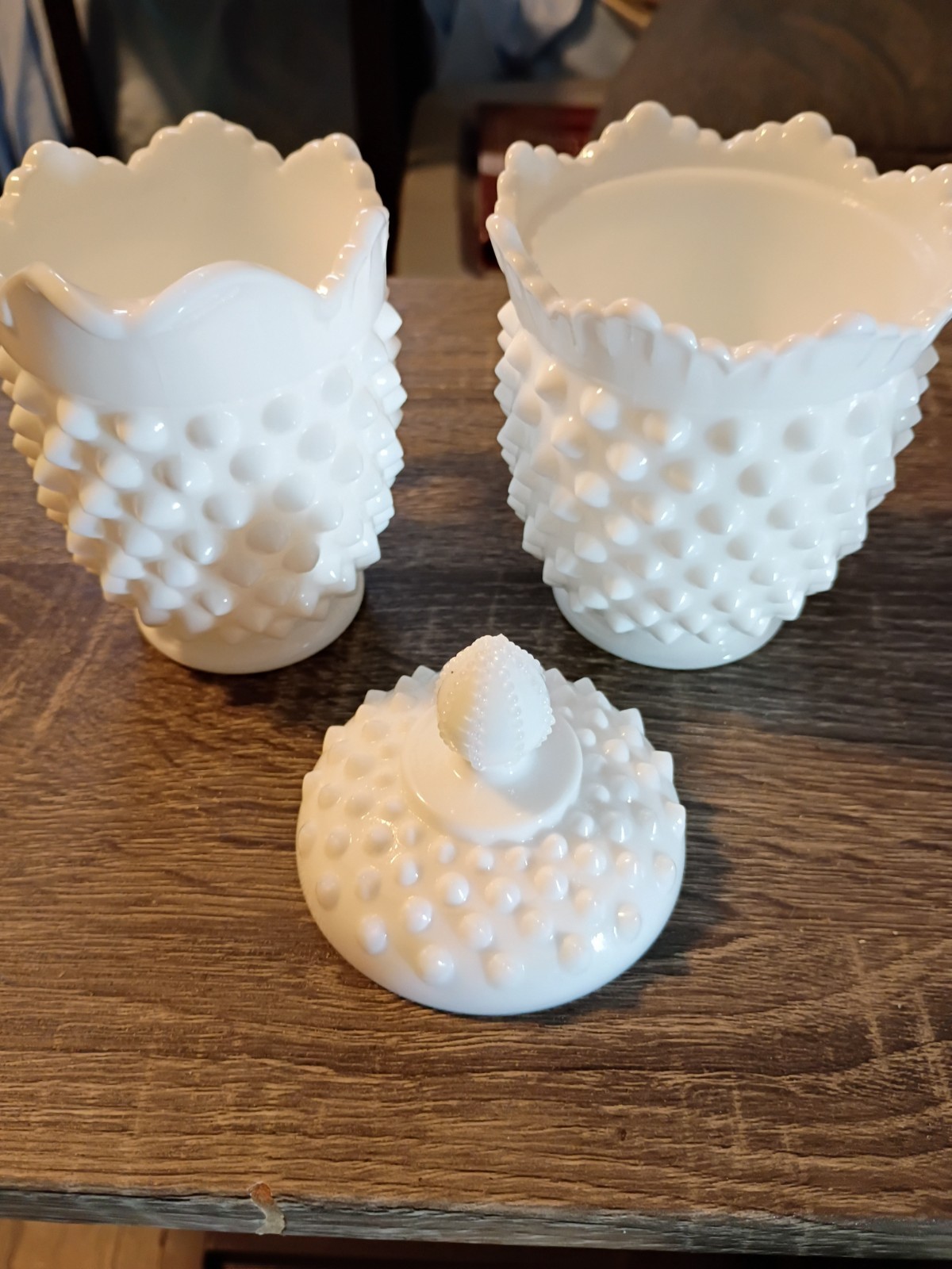 Antique FENTON Hobnail Milkglass Lot 2 With 1 Lid