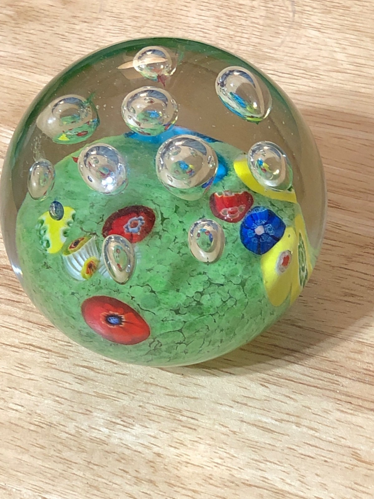 Paperweight Art Glass Millefiori Floral Green Clear Bubble Sphere 4″x3″