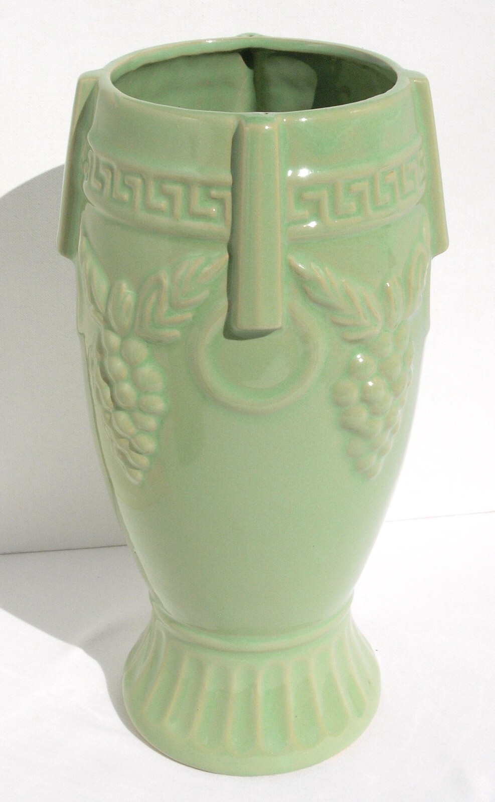 Vintage 11″ Chartreuse Green Greek Key & Grape Motif Stoneware Vase Yellow Ware