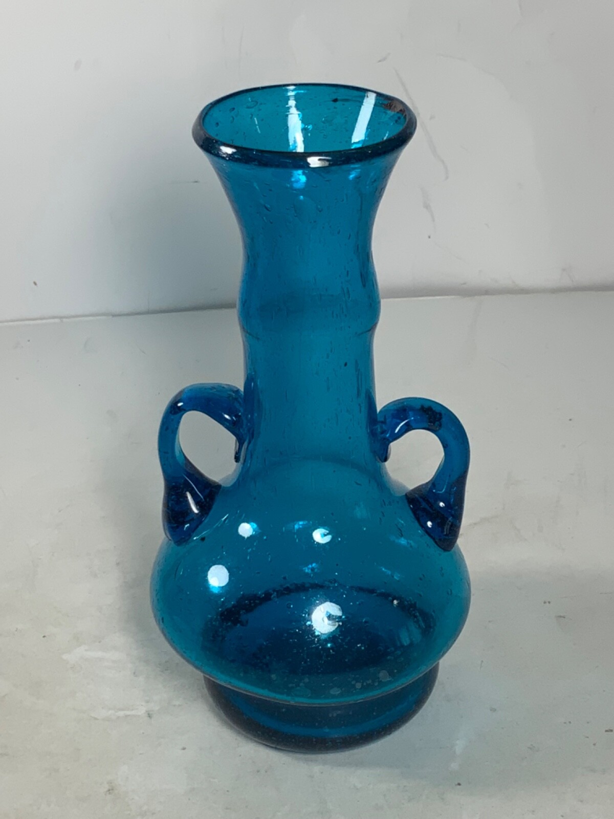 Vintage Hand Blown Blue Glass Small Vase with Applied Handles Made in Egypt 6″