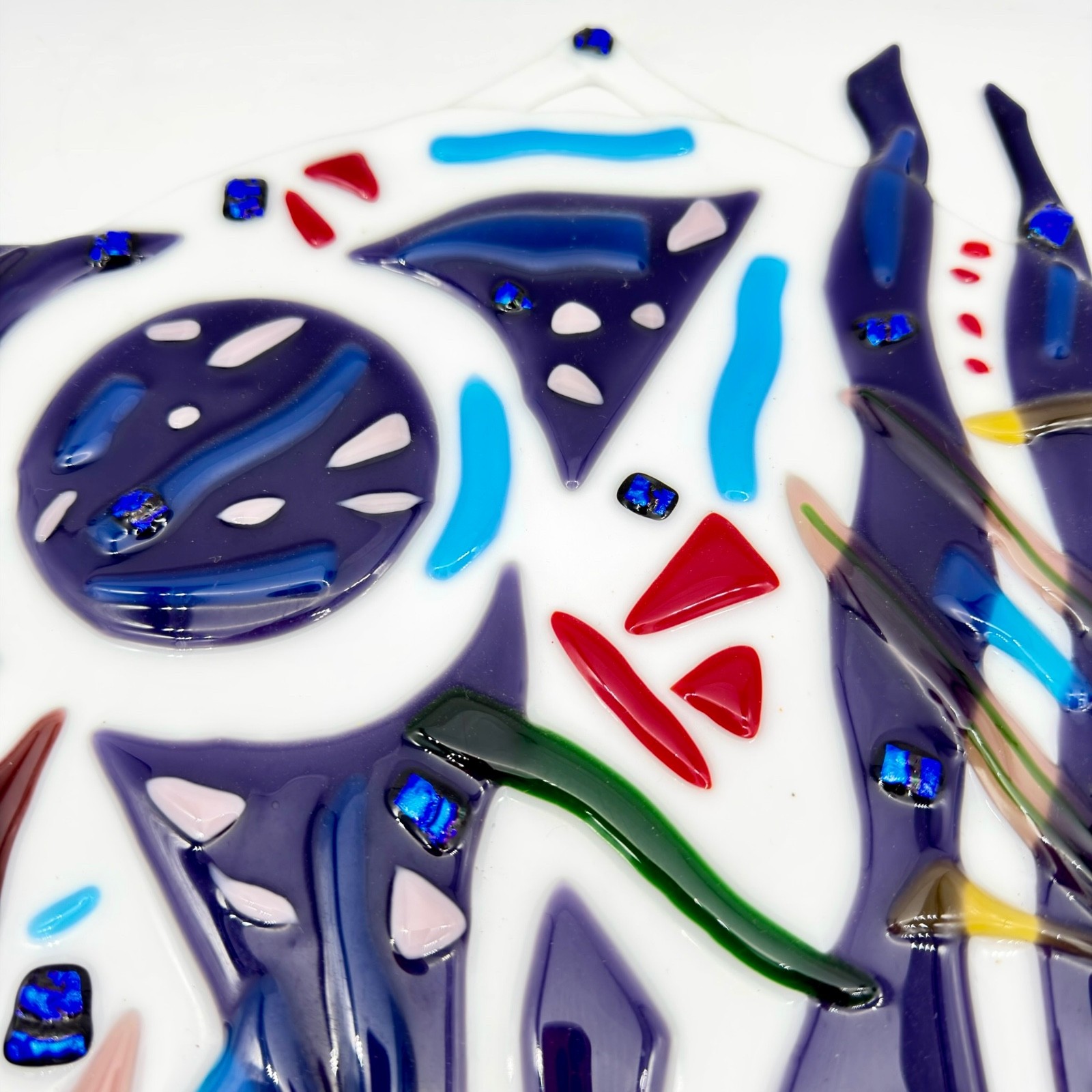 Vtg Fused Glass Wall Hanging Modernist Abstract Face Geometric Blue Dichro 15”