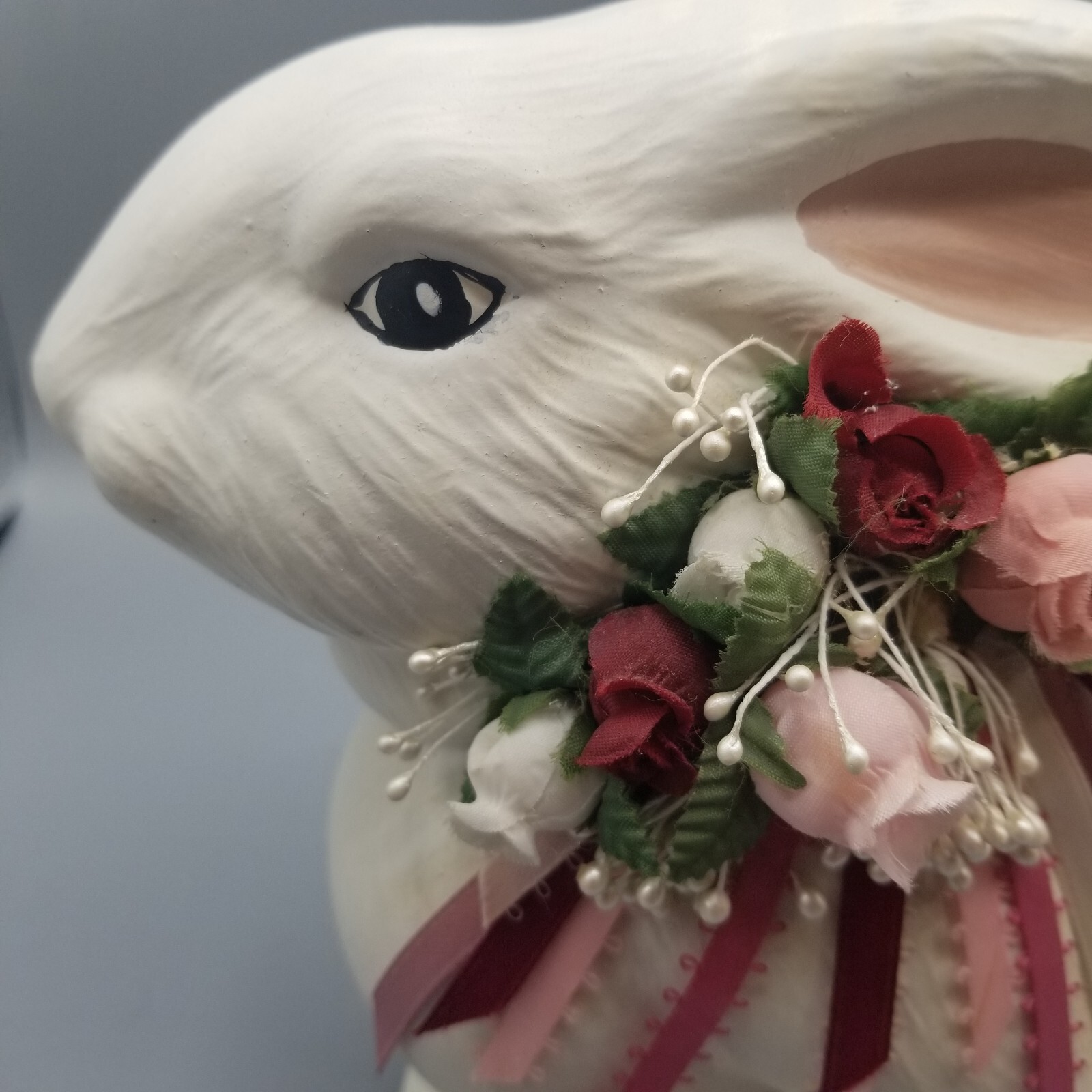 Vtg Large Rabbit Bunny White Matte Ceramic Hand Painted Flower Ribbon 8″ READ