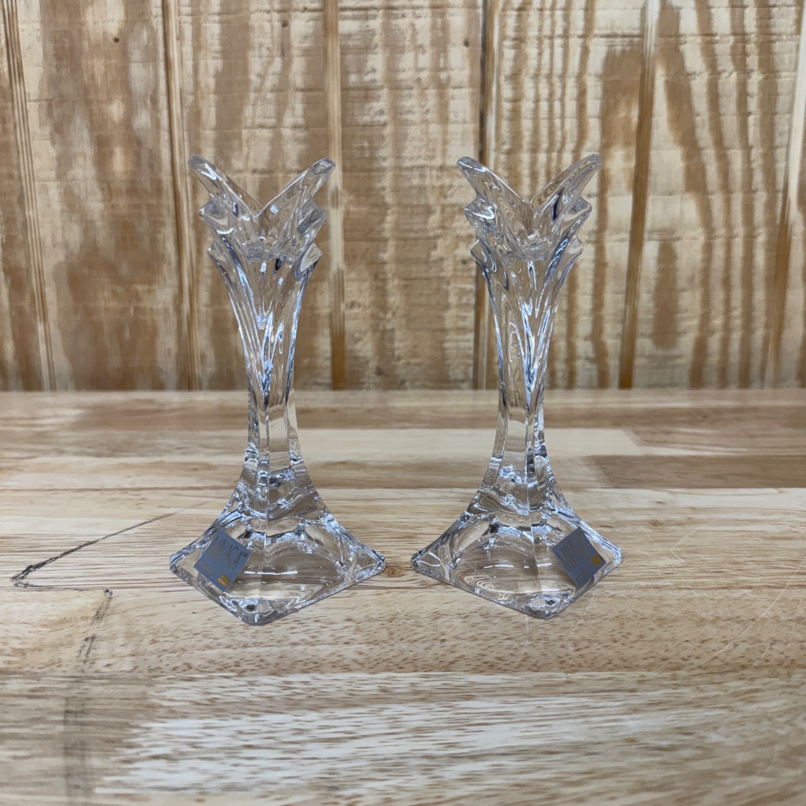 Vtg Pair Mikasa 5 1/2″ Art Deco Candlestick Holders Slovenia Lead Crystal Tulip