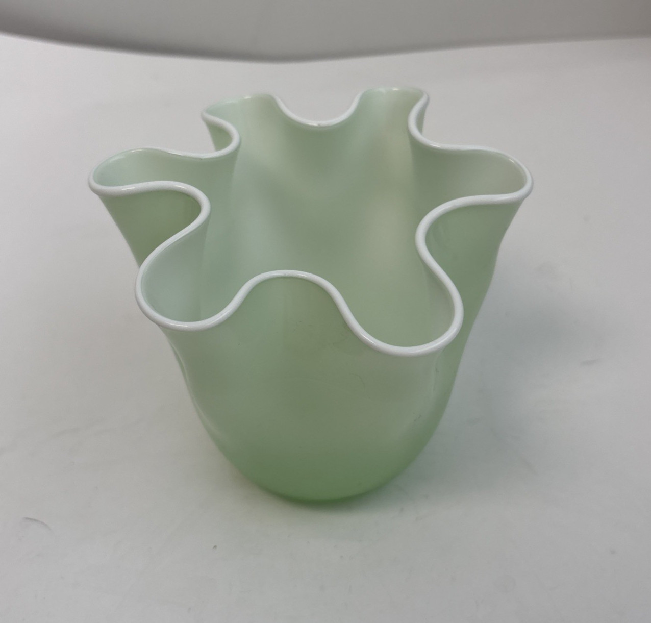 Art Glass Hand Blown Mint Green And White Handkerchief Vase Vtg Czech Style