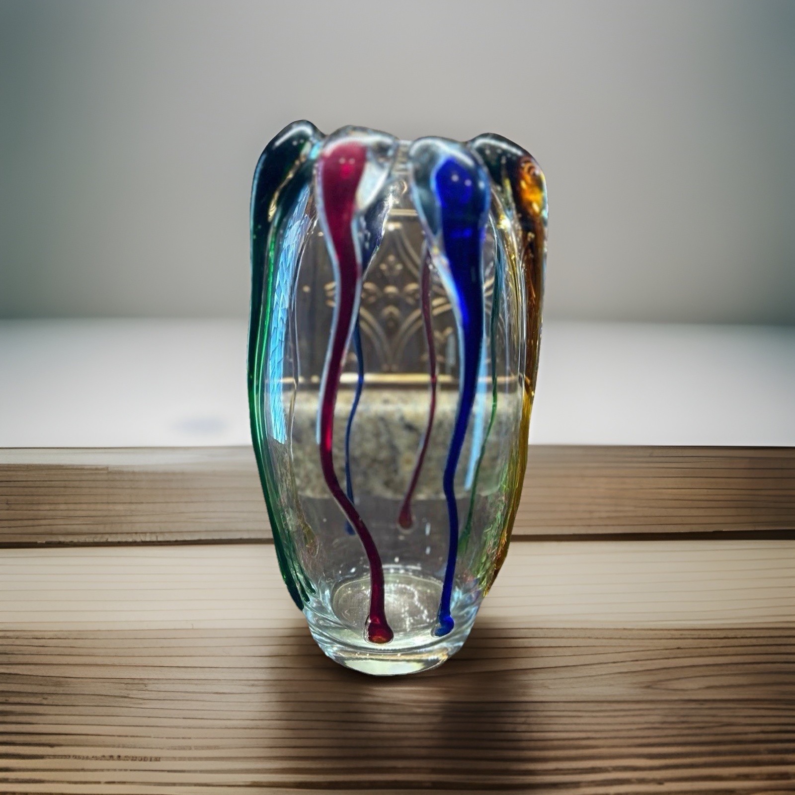 Design Guild Poland Turino Multicolor Hand Blown Heavy Art Glass Vase 11.5″