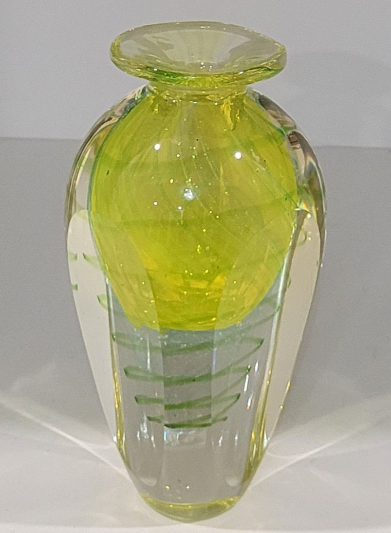 Faceted Sommerso Art Glass Yellow Blue 7.25″ Vase Four Sided Heavy