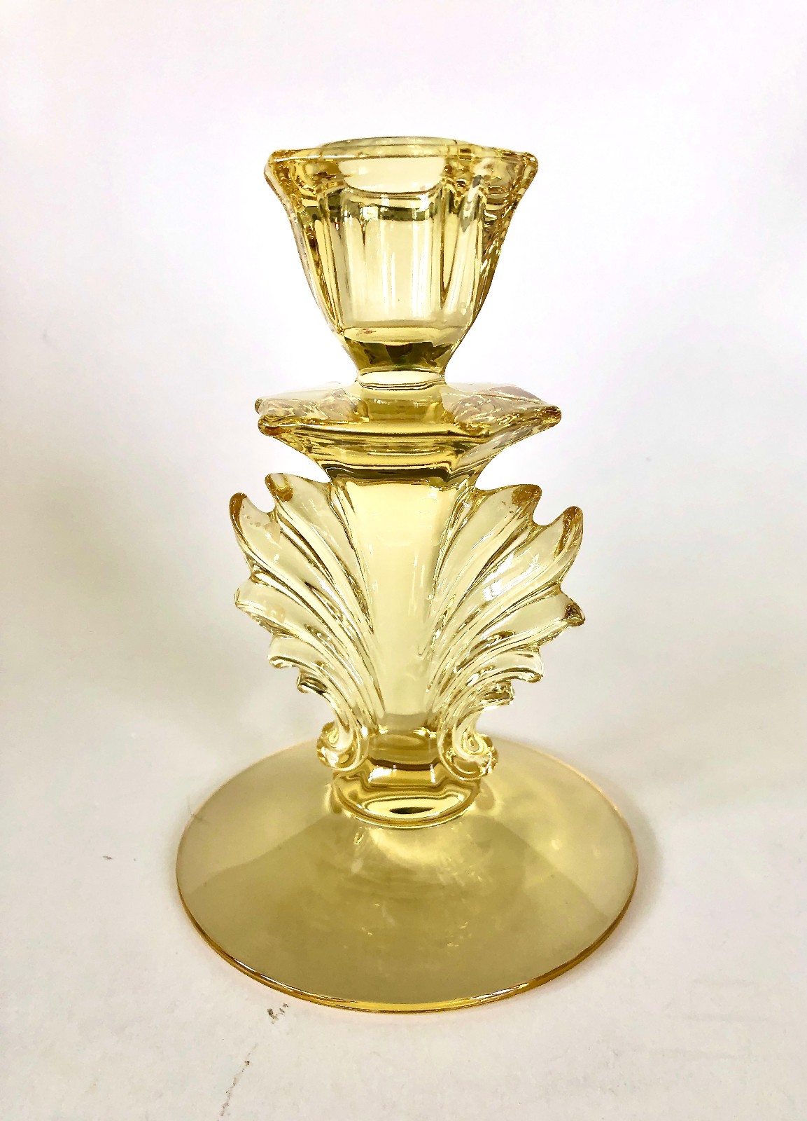 Pair Vintage Fostoria Baroque Topaz Yellow Glass Candlesticks 1940s Mid-Century