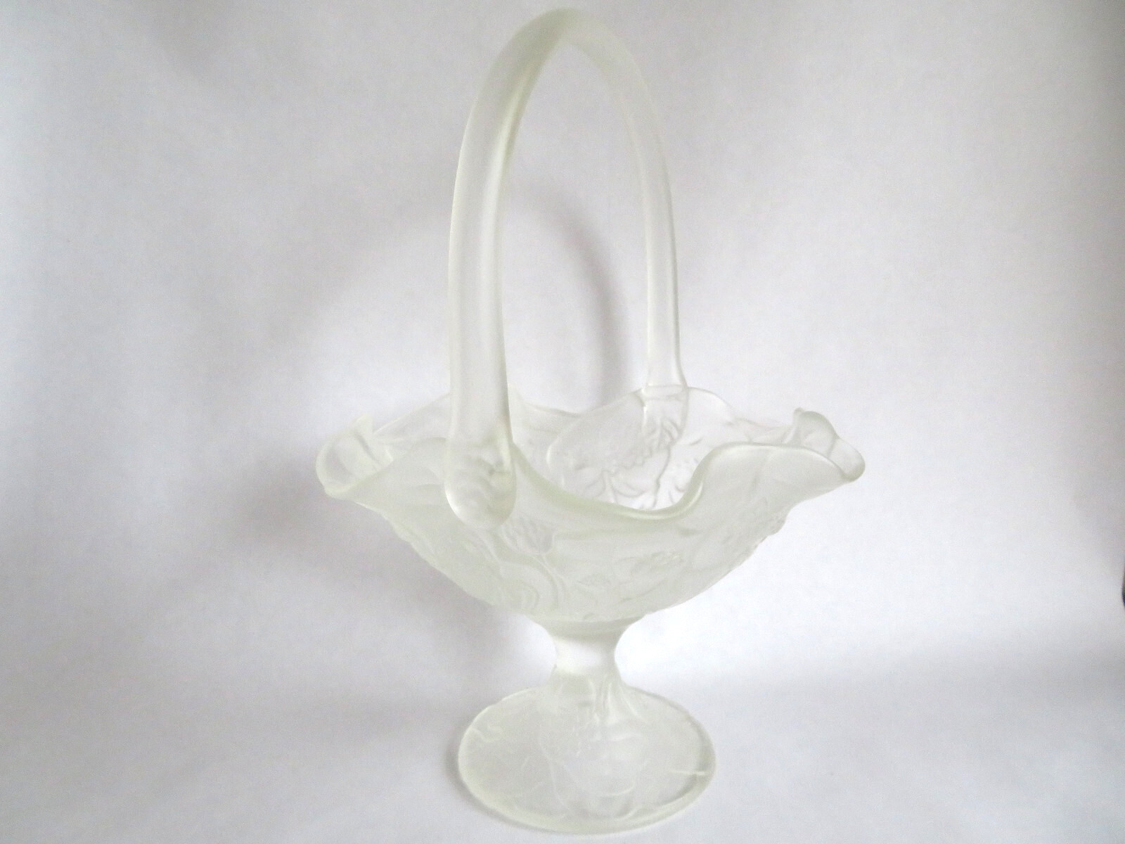 Fenton Opalescent Glass Satin Embossed Flowers Pedestal Basket VINTAGE