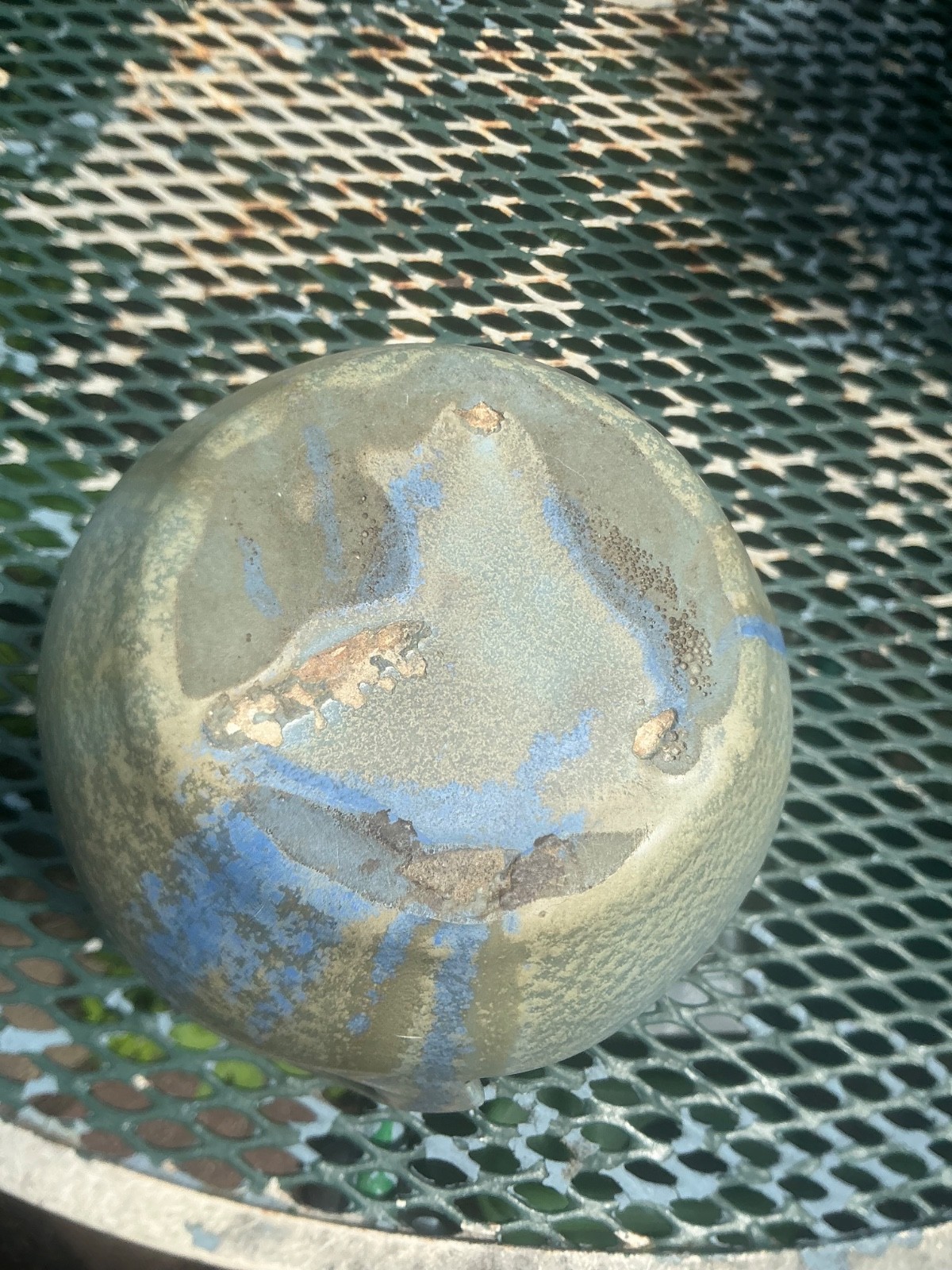 Strangl three handled vase mottled green glaze