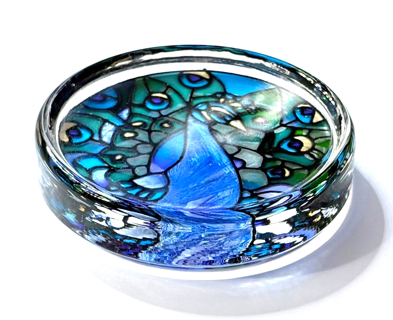 NOS Blue & Green Glass Peacock Paperweight ~ Hand painted ~ Joan Baker Designs