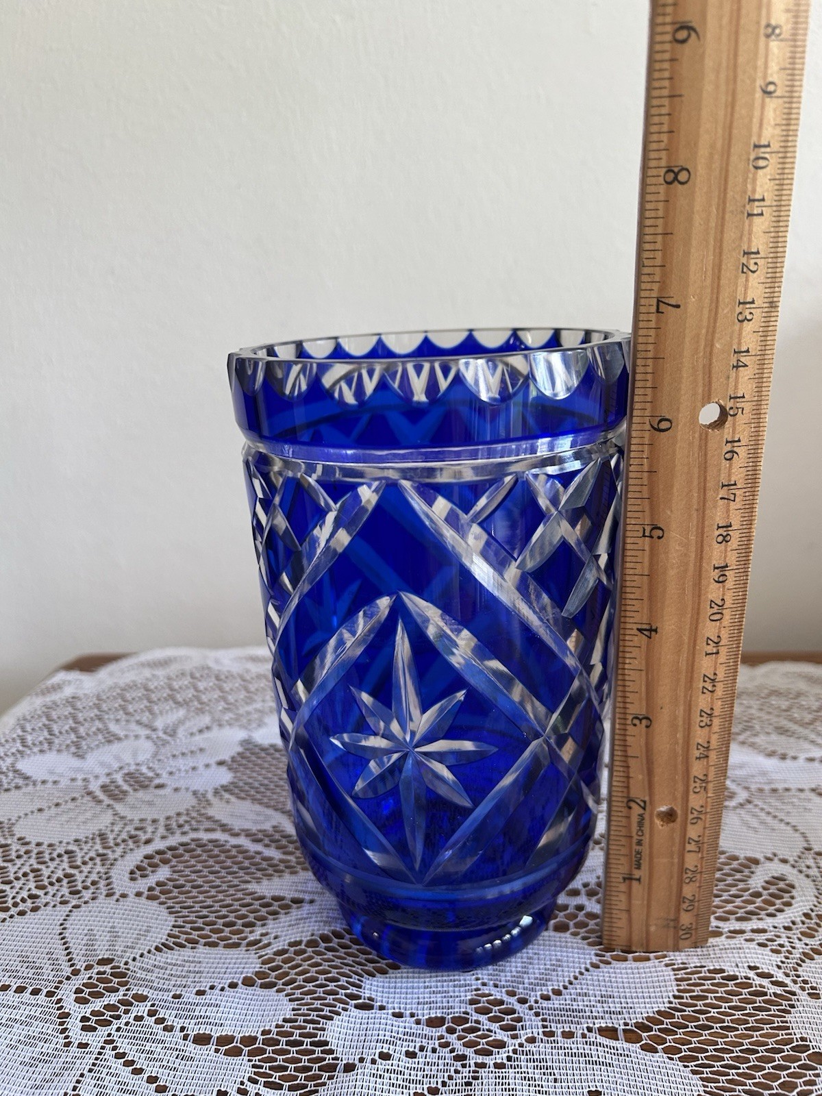 Bohemian Cobalt Blue Cut To Clear Crystal Vase Starburst Thumbprint Pattern