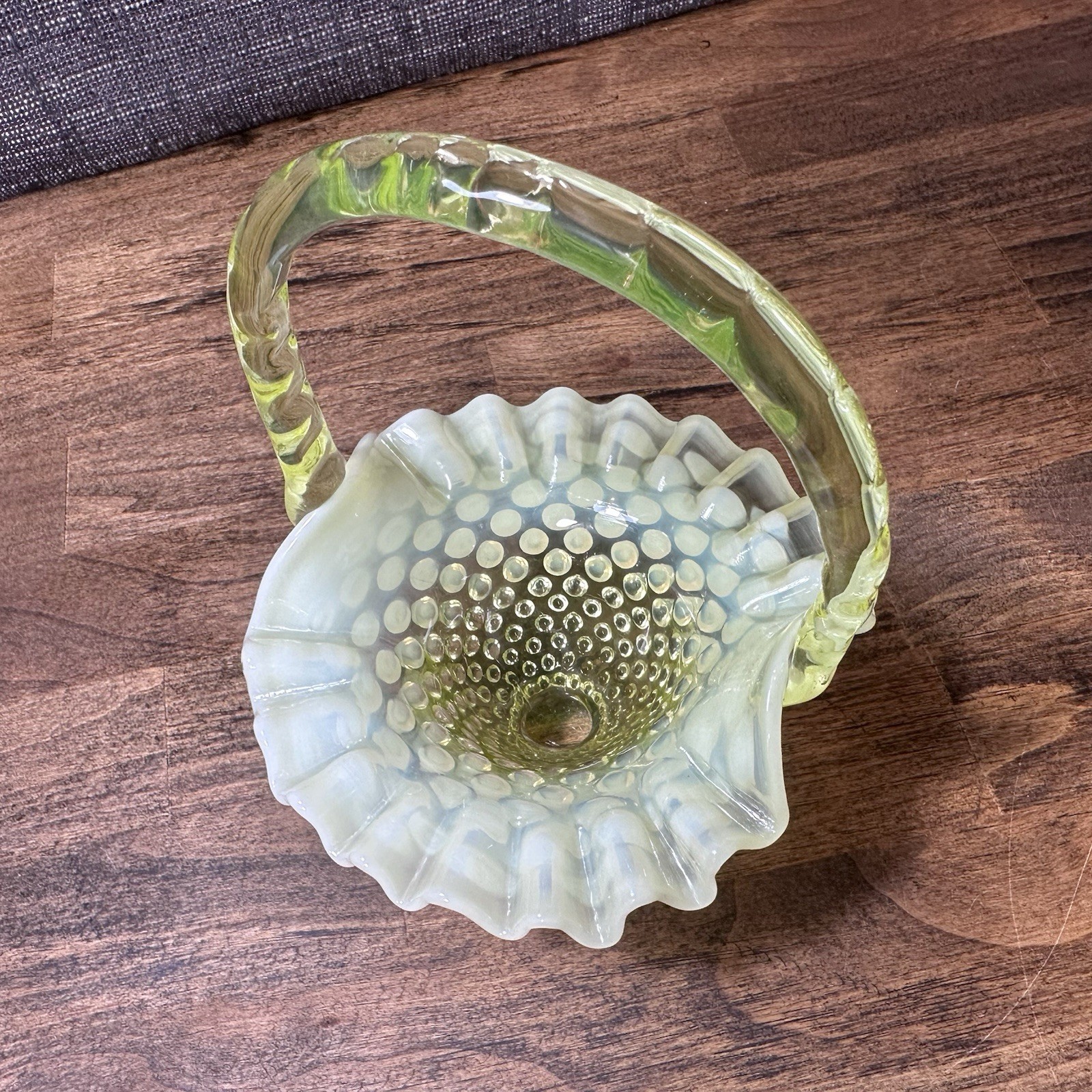 Fenton Hobnail Topaz Opalescent Vaseline Glass Basket Uranium Glow Hobnail 6.5”