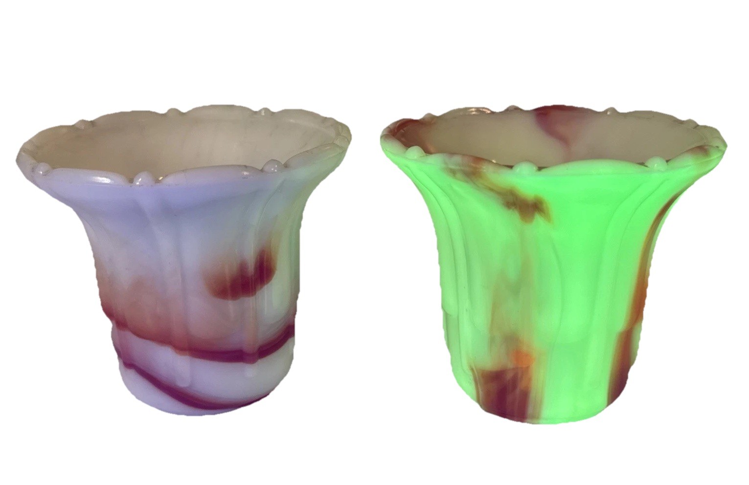 Vintage Akro Agate Glass Vases Planters Orange White Swirl Slag -1 Glows Uranium