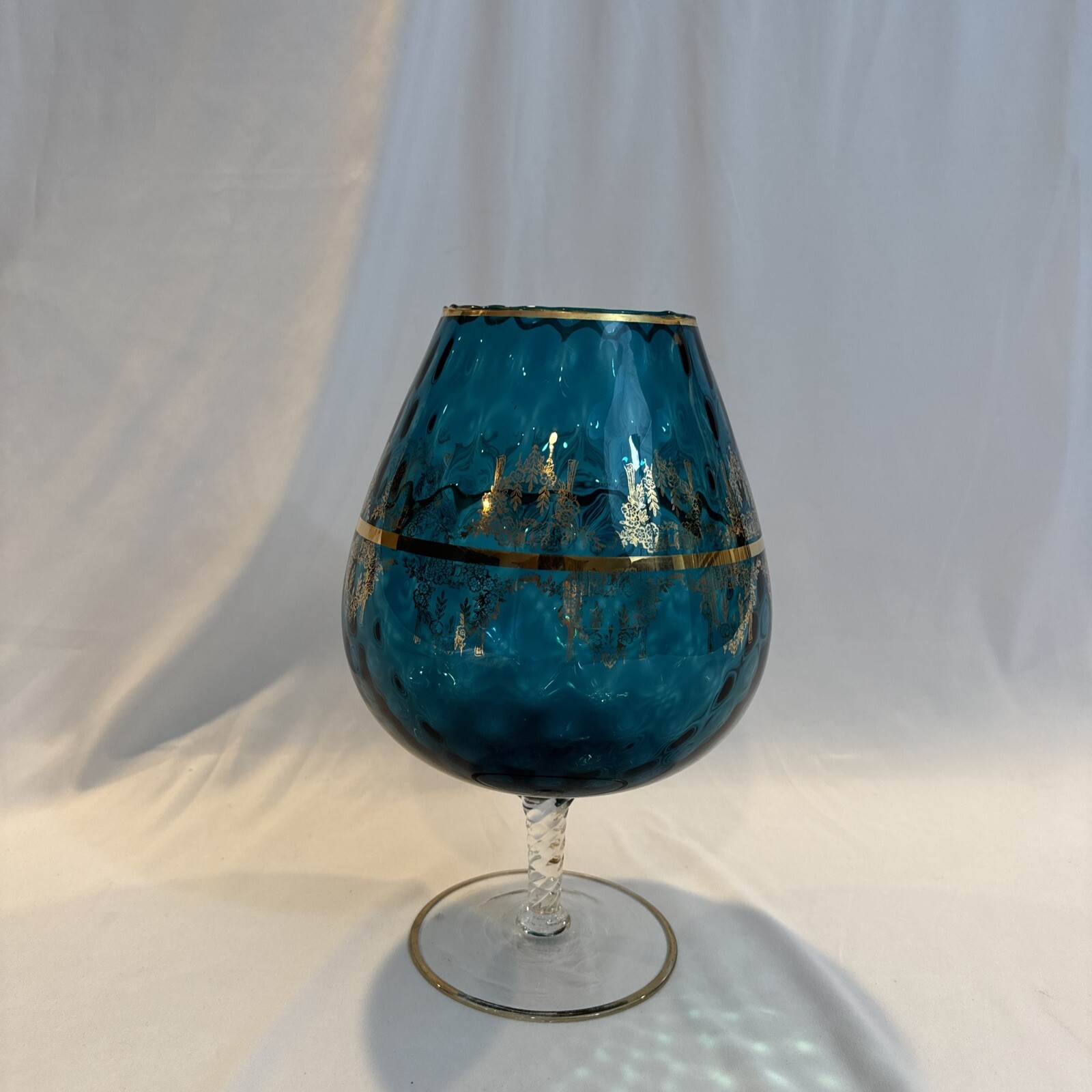 Giant Vintage Italian Turquoise Aqua Blue and Gold Crystal Bowl 14”