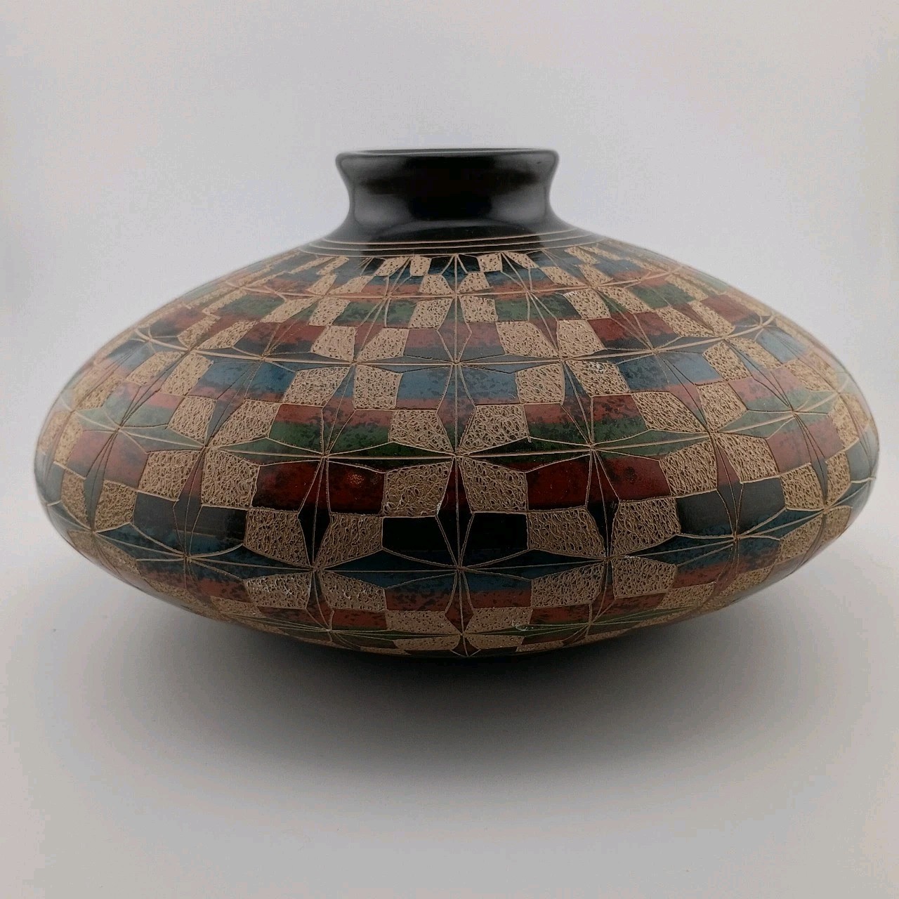 MULTI COLORED ETCHED GLAZED POTTERY VASE Brown Blue Green Red Geometric VTG