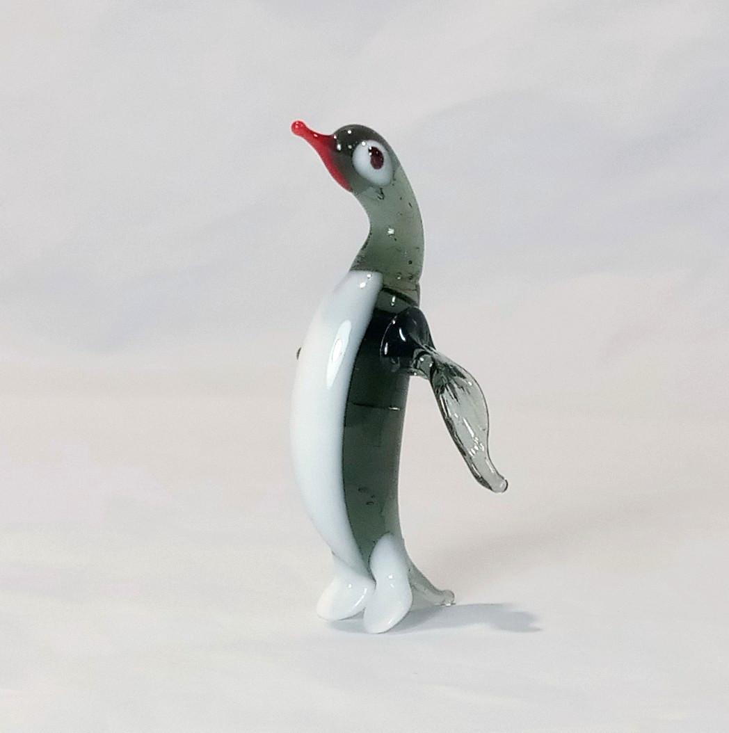 Miniature 2 Inch Transparent Blown Glass Penguin Figurine w/ Red Beak