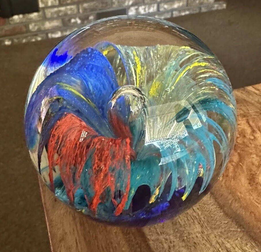 Paperweight GLASS CONTROLLED BUBBLE Abstract Flower Fire Works Cobalt Base Nice!