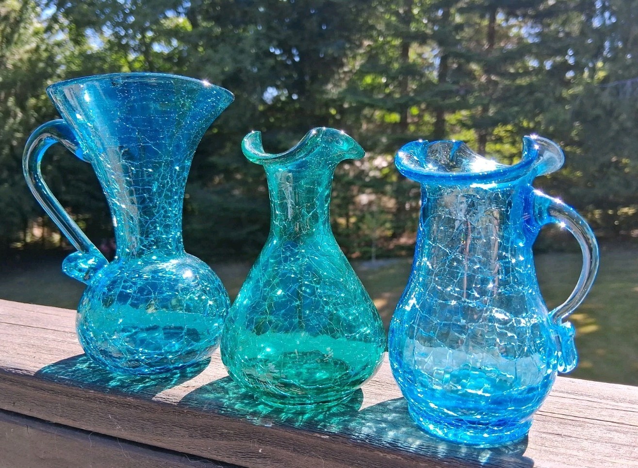 Lot of 3 VTG Teal & Blue Crackle Glass Pitcher & Vase Cruets 4″ to 5″ EUC