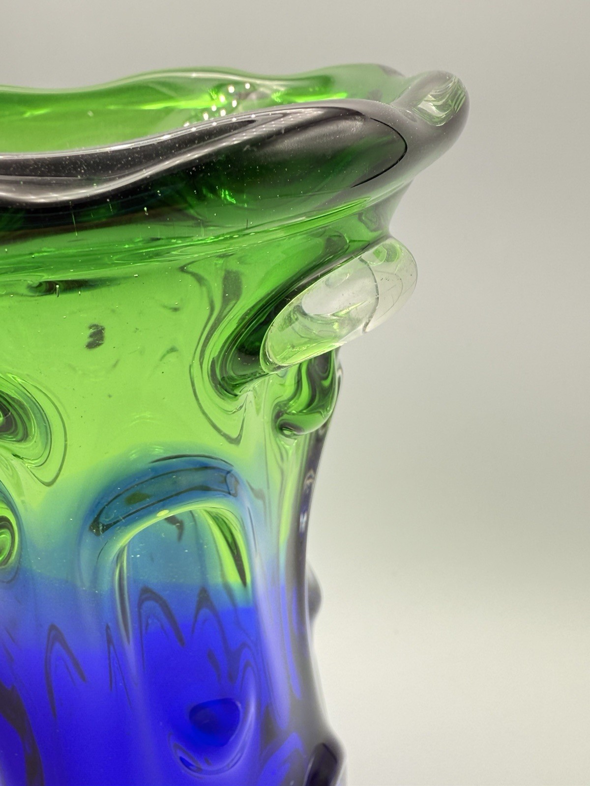 Vintage Mid-Century Modern Blue Green Art Glass Vase Pulled Glass Decor