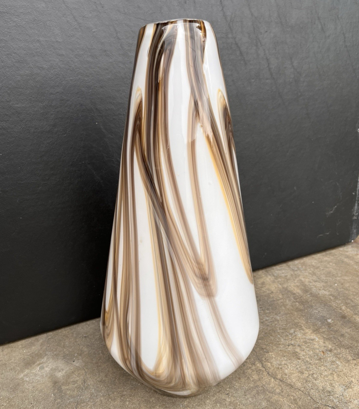 MURANO style vase pulled feather brown & white swirl 17″ tall Moretti MCM RARE