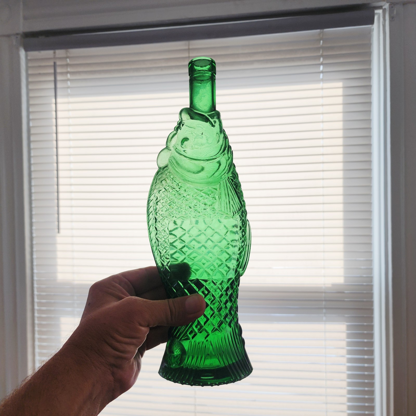 Vintage Green Glass Fish Shaped Wine Bottle Decanter Scales 13″ T F Mark