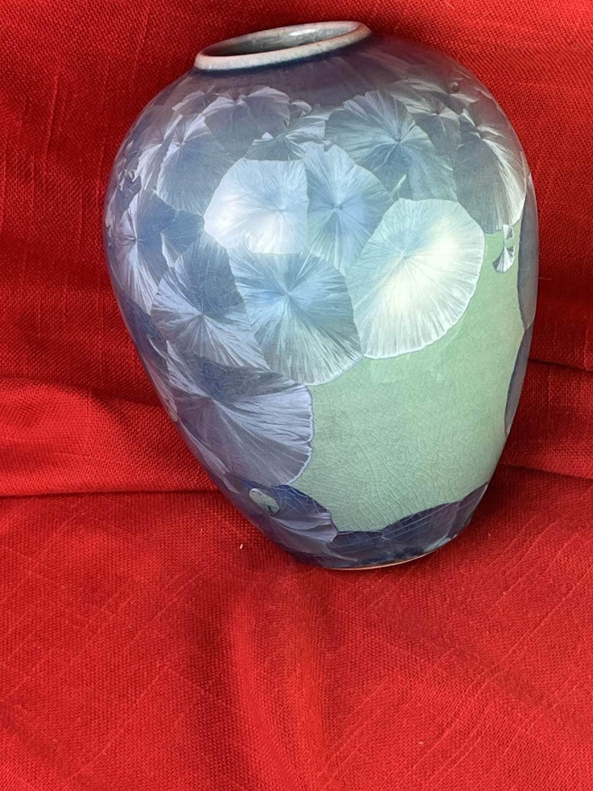 Crystalline Glaze Ceramic Art Pottery Vase Round Signed Blue Green Celadon Art
