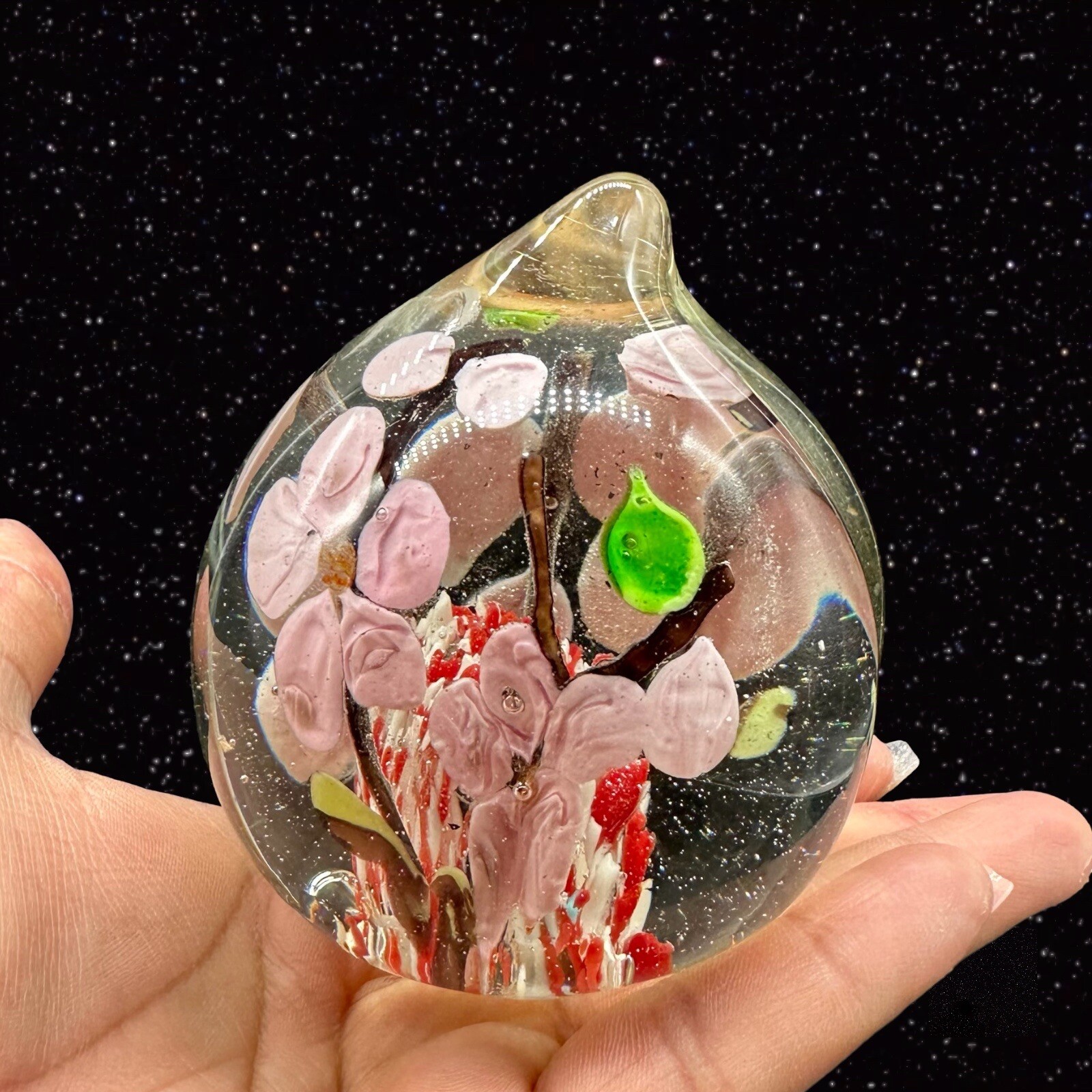 Czech Art Glass Peach Shaped Paperweight Cherry Blossom Tree Glass Orb Round 3”W