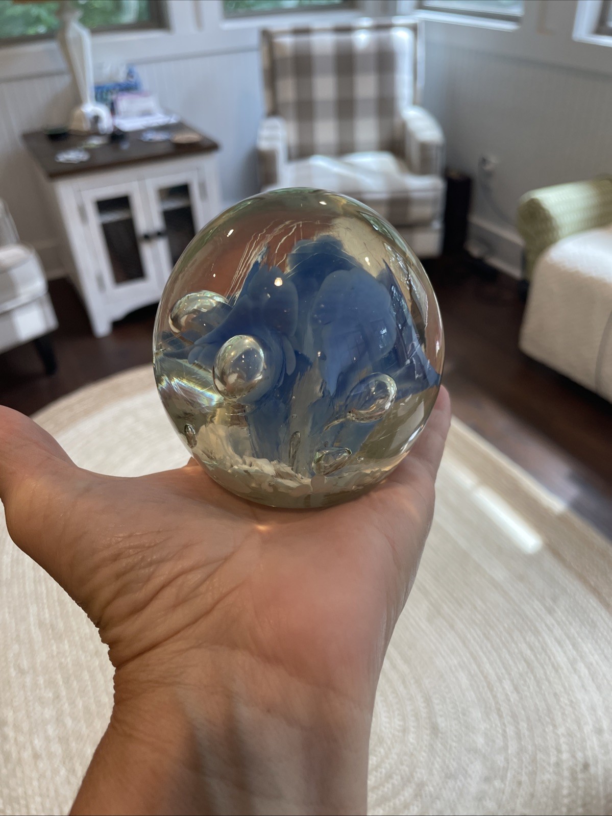 Vintage 1996 Gibson Art Glass Pale Blue FLoral Paperweight