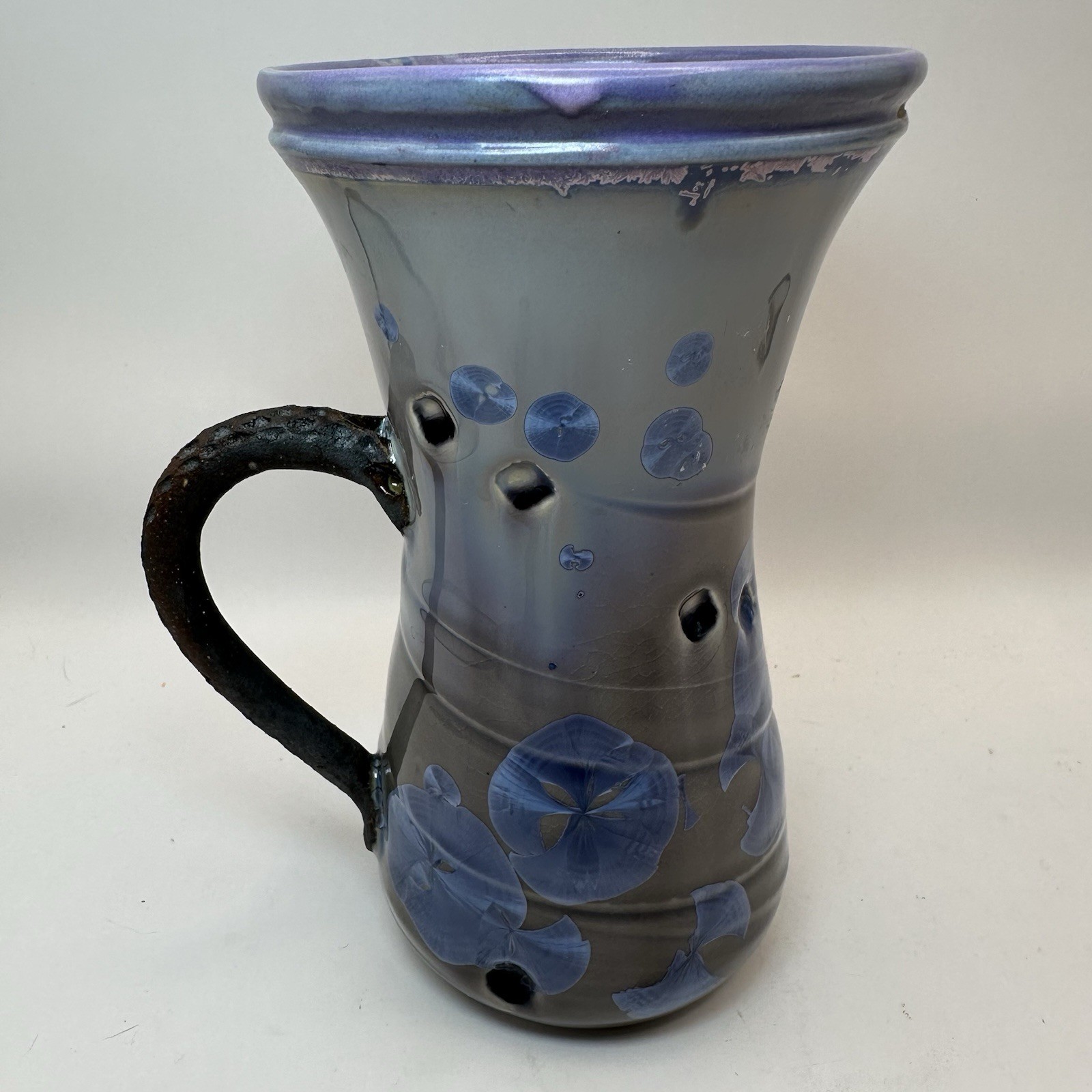 Studio Art Pottery Vase Signed Blue Iridescent Drip Glaze 6.5″ Tall Vintage