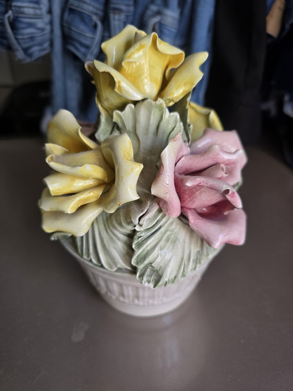 Capodimonte Italy Porcelain Pink And Yellow Rose Basket