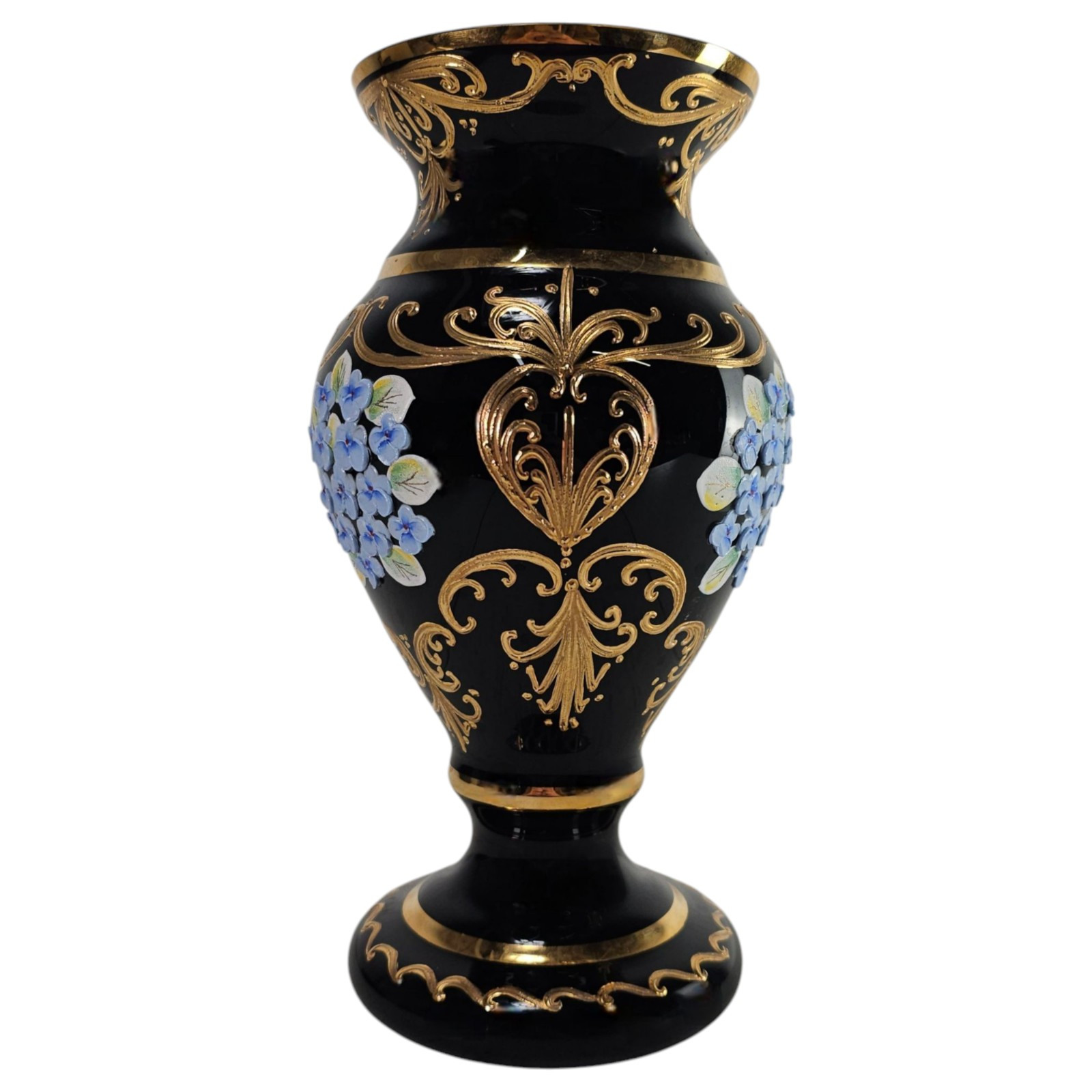 Bohemian High Enameled Hand-Painted Vase Black Amethyst Glass 24K Gold 10″