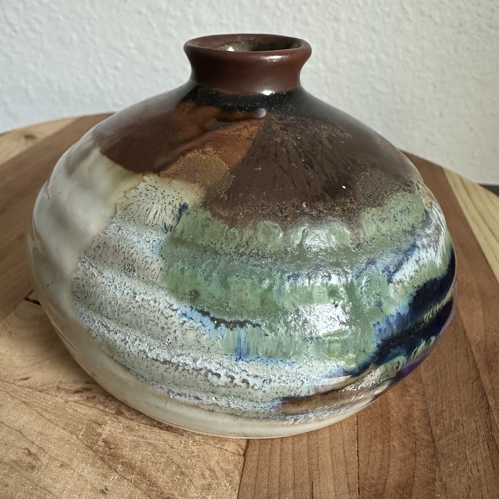 Kravec Studios Pottery Bud Vase 3.25 Inch Blue Earthtones Drip Glaze Signed KS