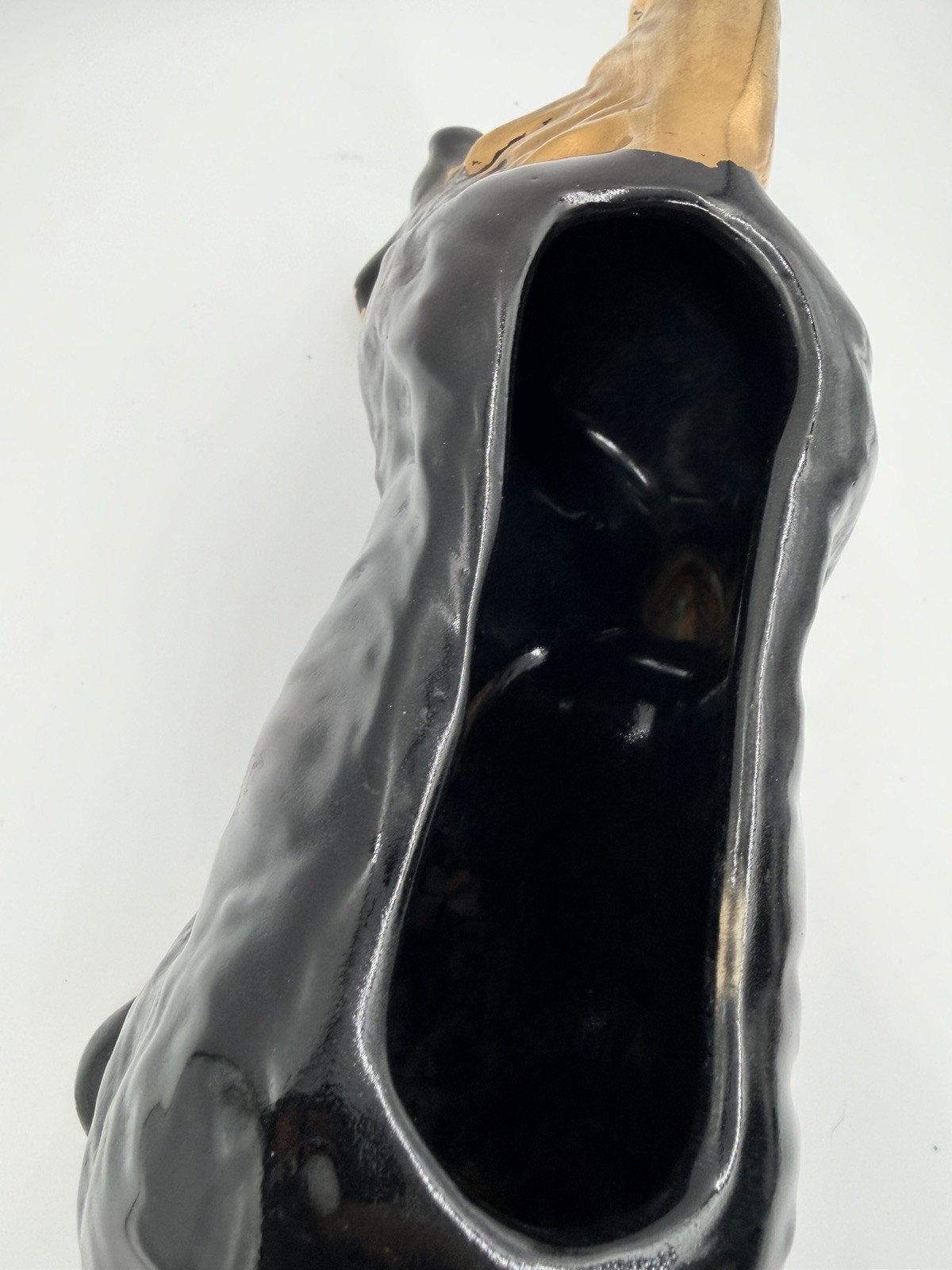 VTG MCM Hunting Dog Pointer/Irish-Setter Glossy Black Gold Trim Planter 17”