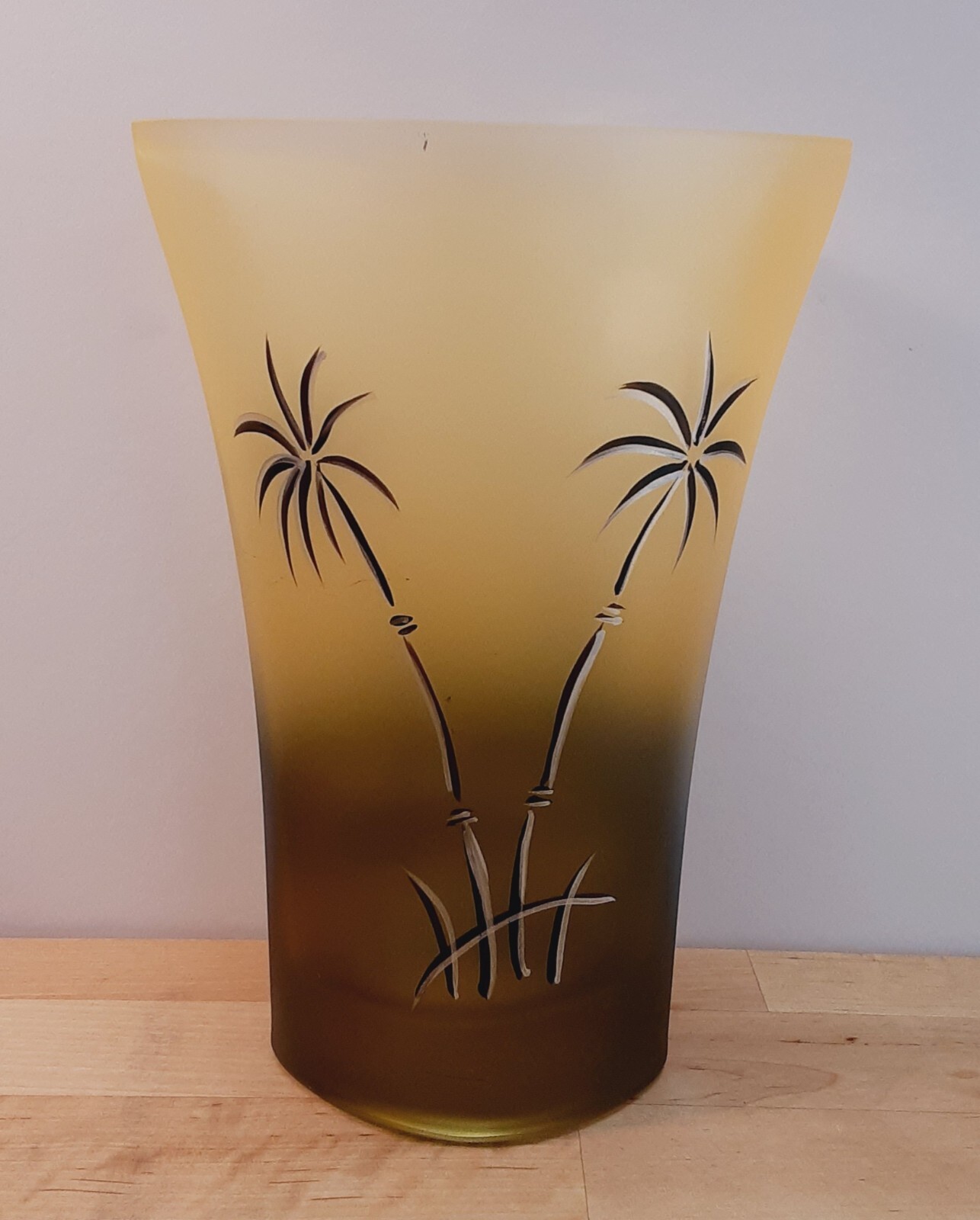 Womar Poland Glass Handpainted Swaying Palm Trees Satin Frost Yellow Green Vase
