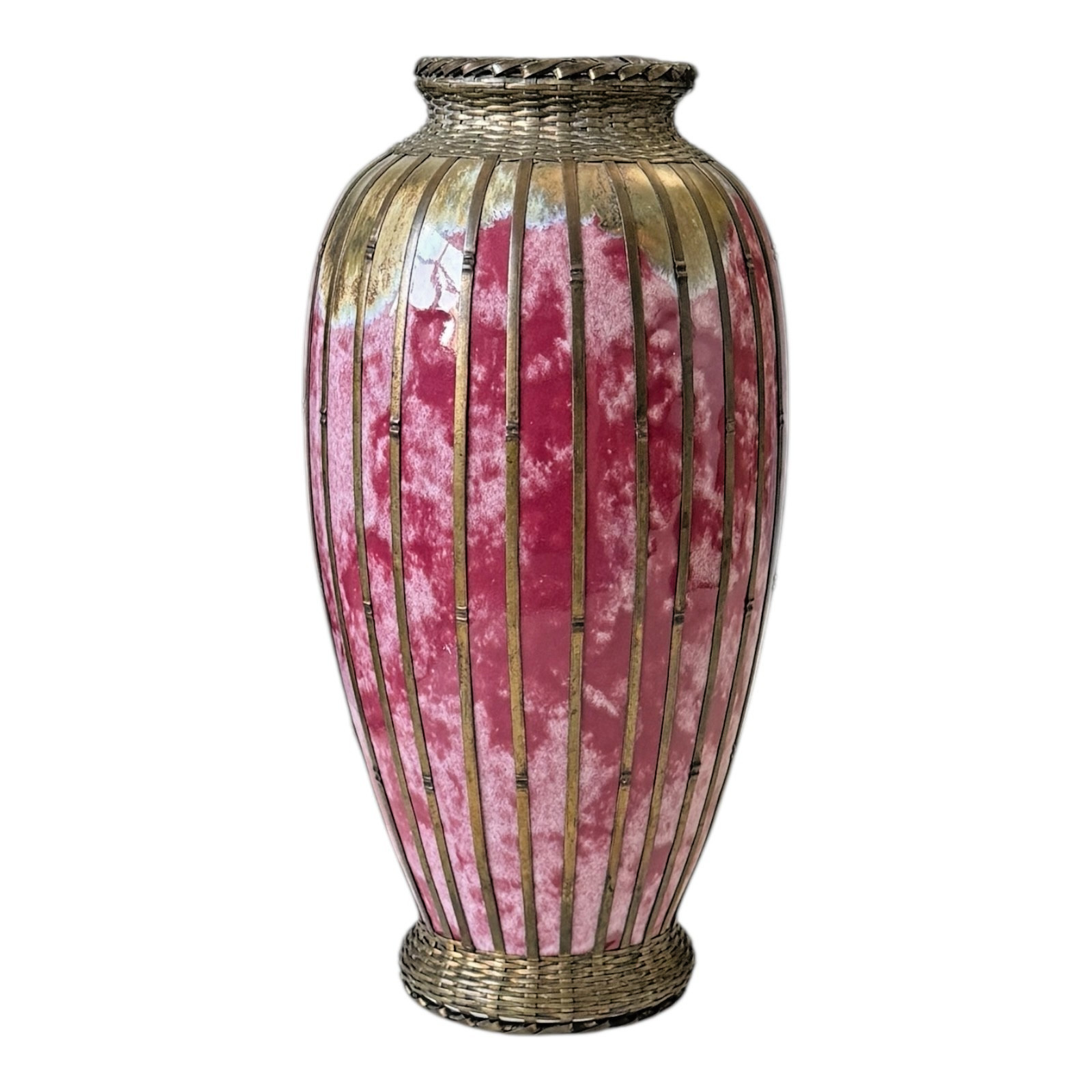 Antique Japanese Meiji Period Pink Art Vase with Metal Basket Weave Overlay
