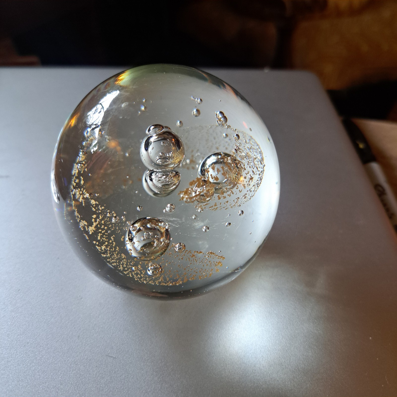 Art Handblown Glass Paperweight Clear Controlled Bubble Large 2.75″ Heavy 1.2#
