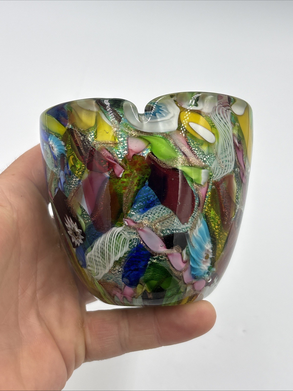 Murano Glass Small Vase “Tutti Frutti” Dino Martens 3-1/4” T. Triangular As Is