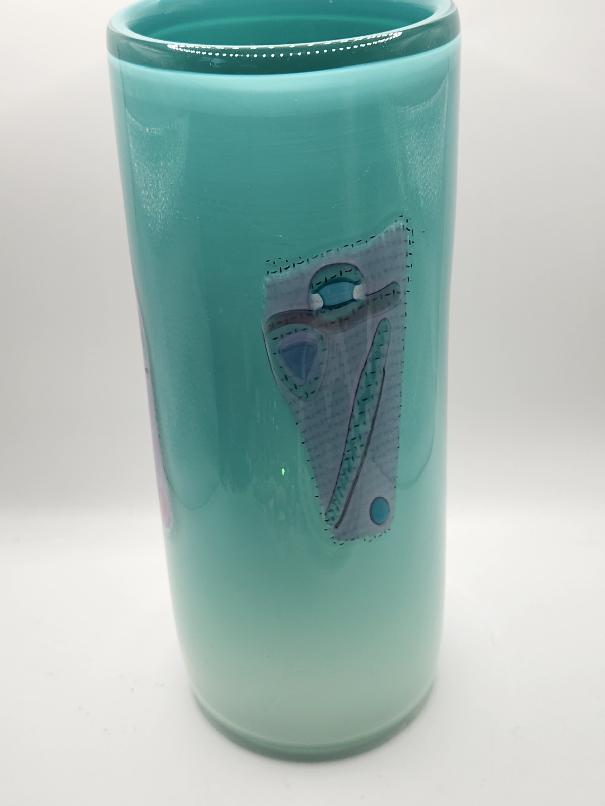 Signed Studio Art Glass Vase Teal Frosted Abstract Geometric Postmodern 10″ 1992
