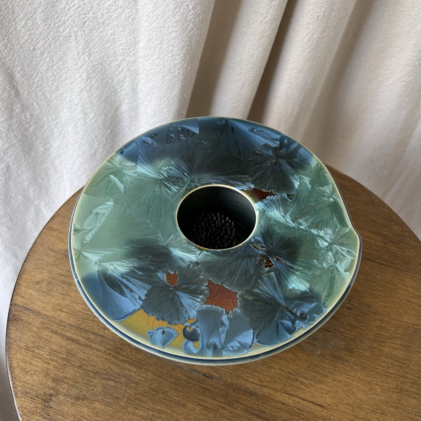 KD Ceramic Flower Frog Vase Art Pottery Abstract Crystalline Glaze