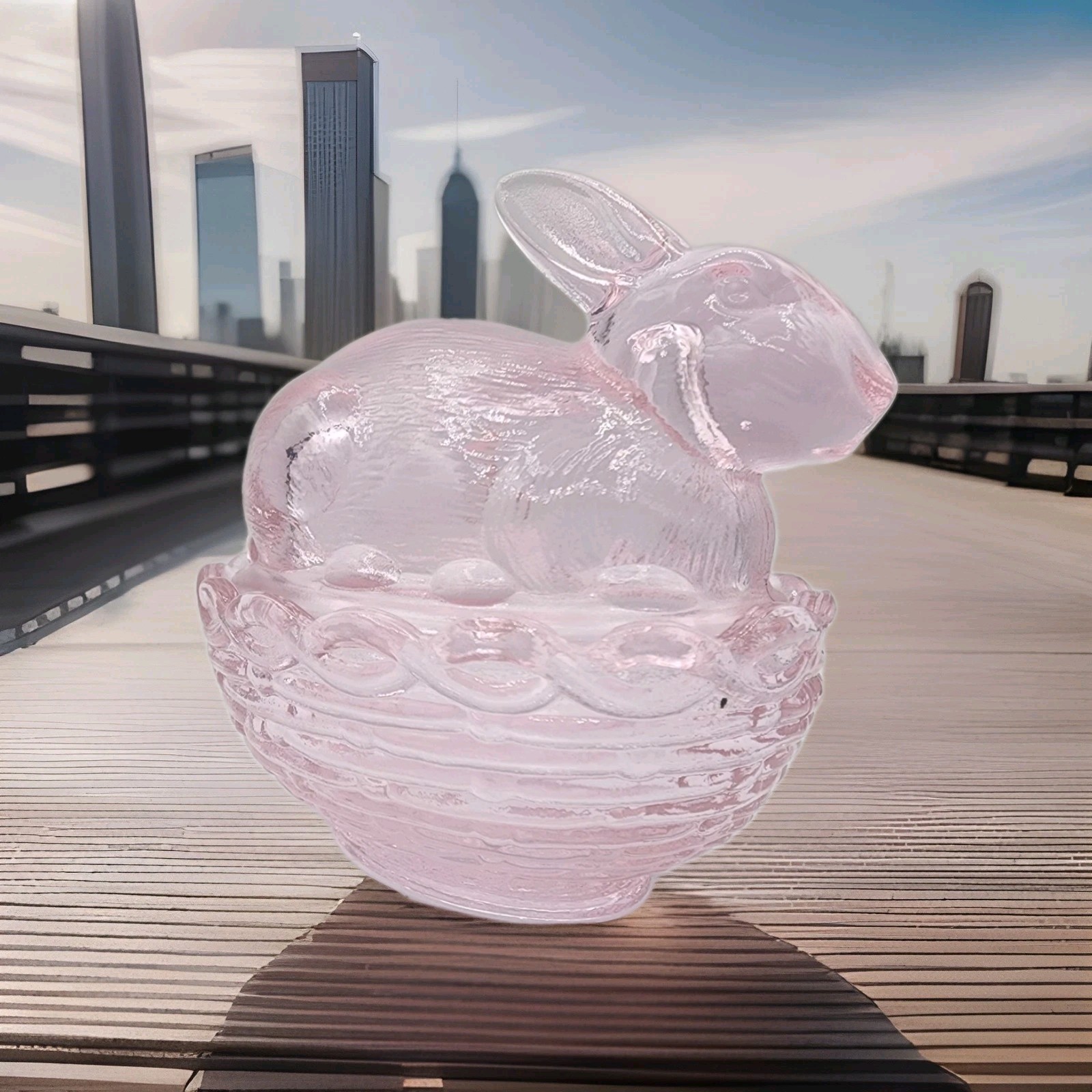 Easter Bunny on Basket Mosser Glass W/ Logo Covered Dish Passion Pink 4″