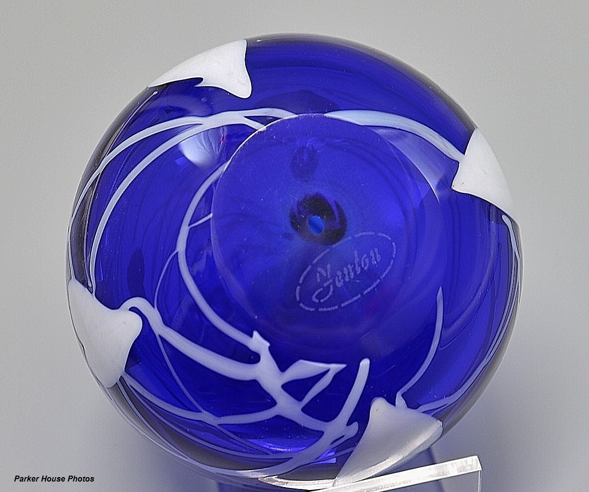 Fenton-Dave Fetty Blue Cobalt Hanging Hearts & Vines Egg Paperweight-1994-OOAK