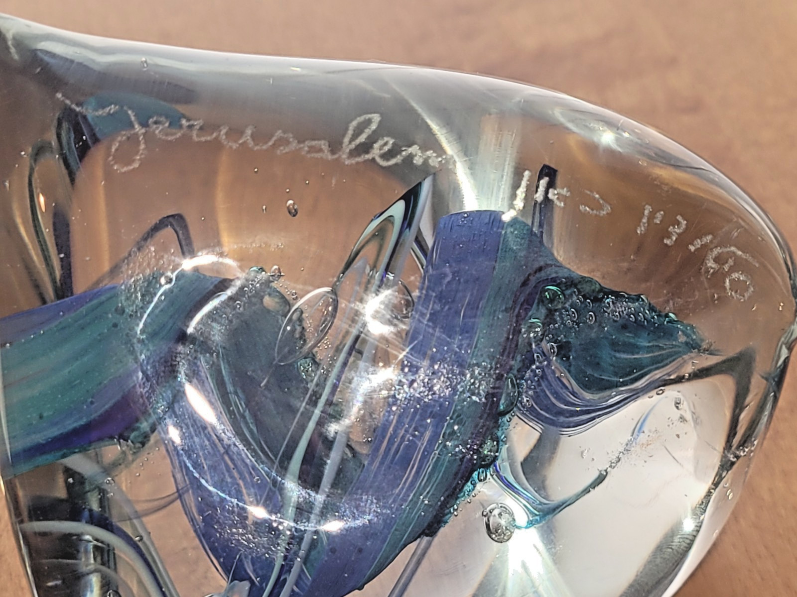 Clear and Blue Glass Paperweight Marked Jerusalem 3 Inches wide