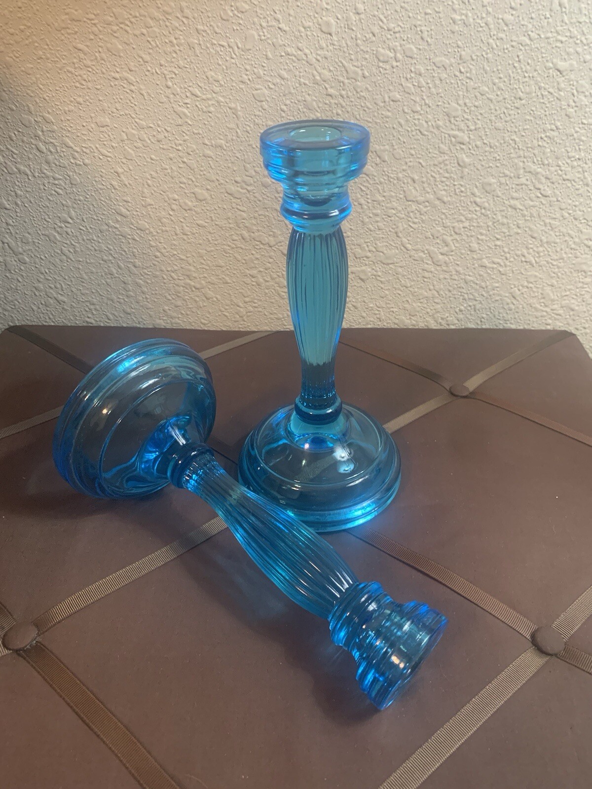 Fostoria Tiara “Duchess” Horizon Blue Candlestick Holders (Set Of 2)