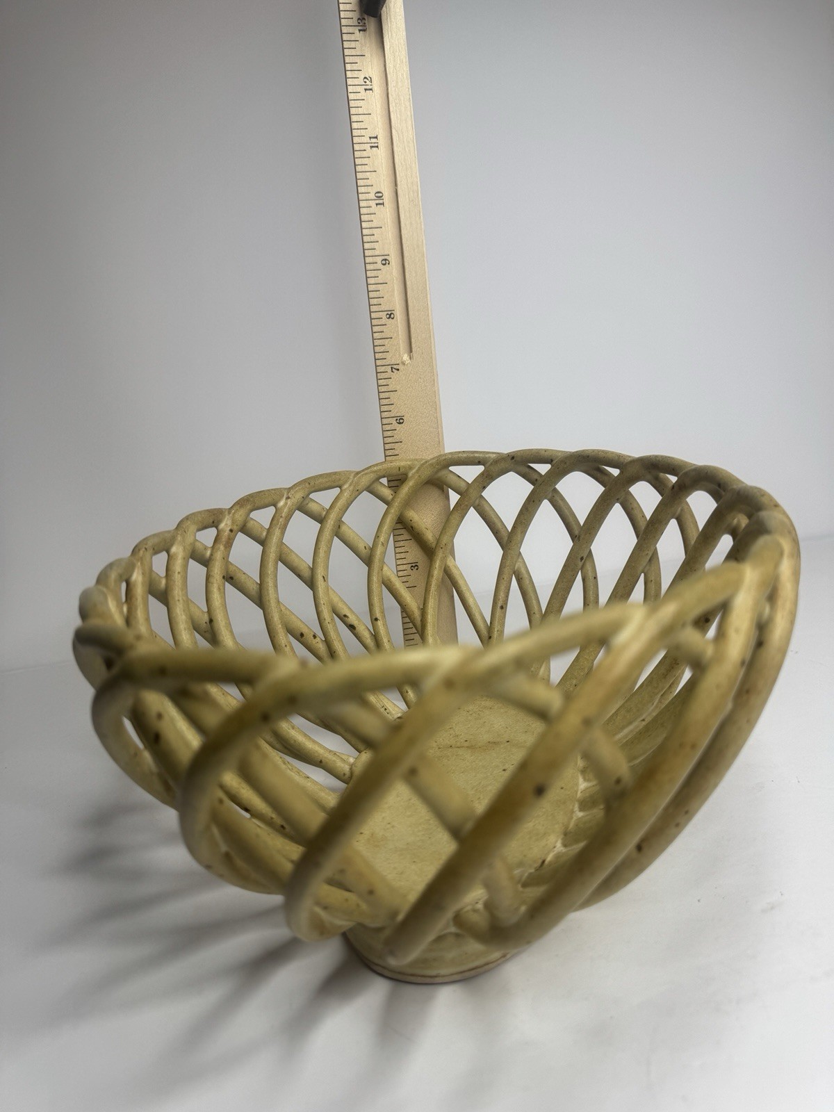 Vintage Ceramic Woven Lattice Basket Bowl 10.5in Eucalyptus Glaze Centerpiece